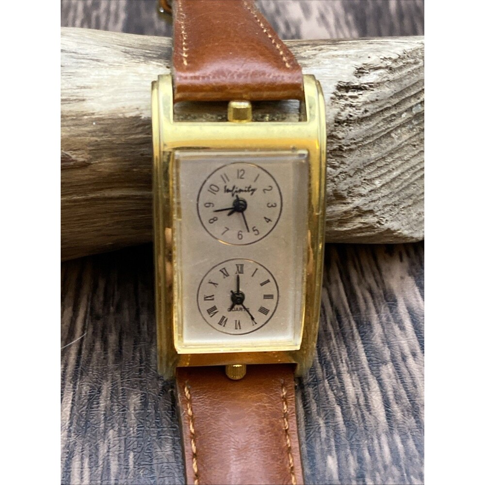 Infinity Dial Time Gold Tone Watch Working Genuine Leather Band